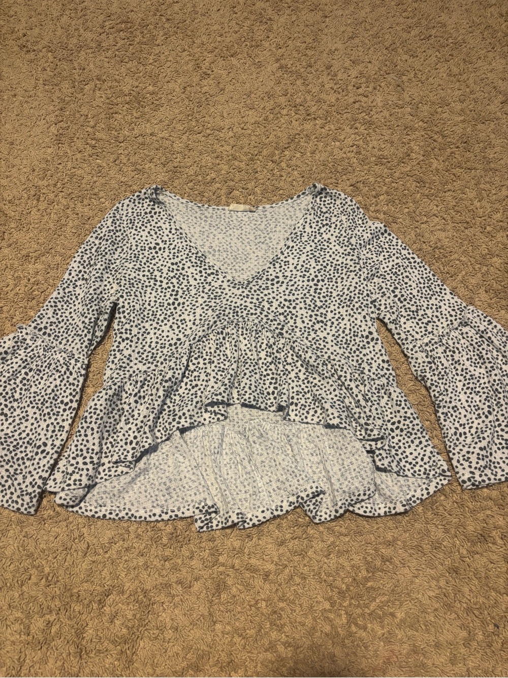 Altar'd State White Top with Grey Dot Print and Ruffle Hem